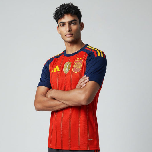 Santa Casaca Spain 2026 World Cup champion home jersey worn by a male model, featuring red and navy blue design.